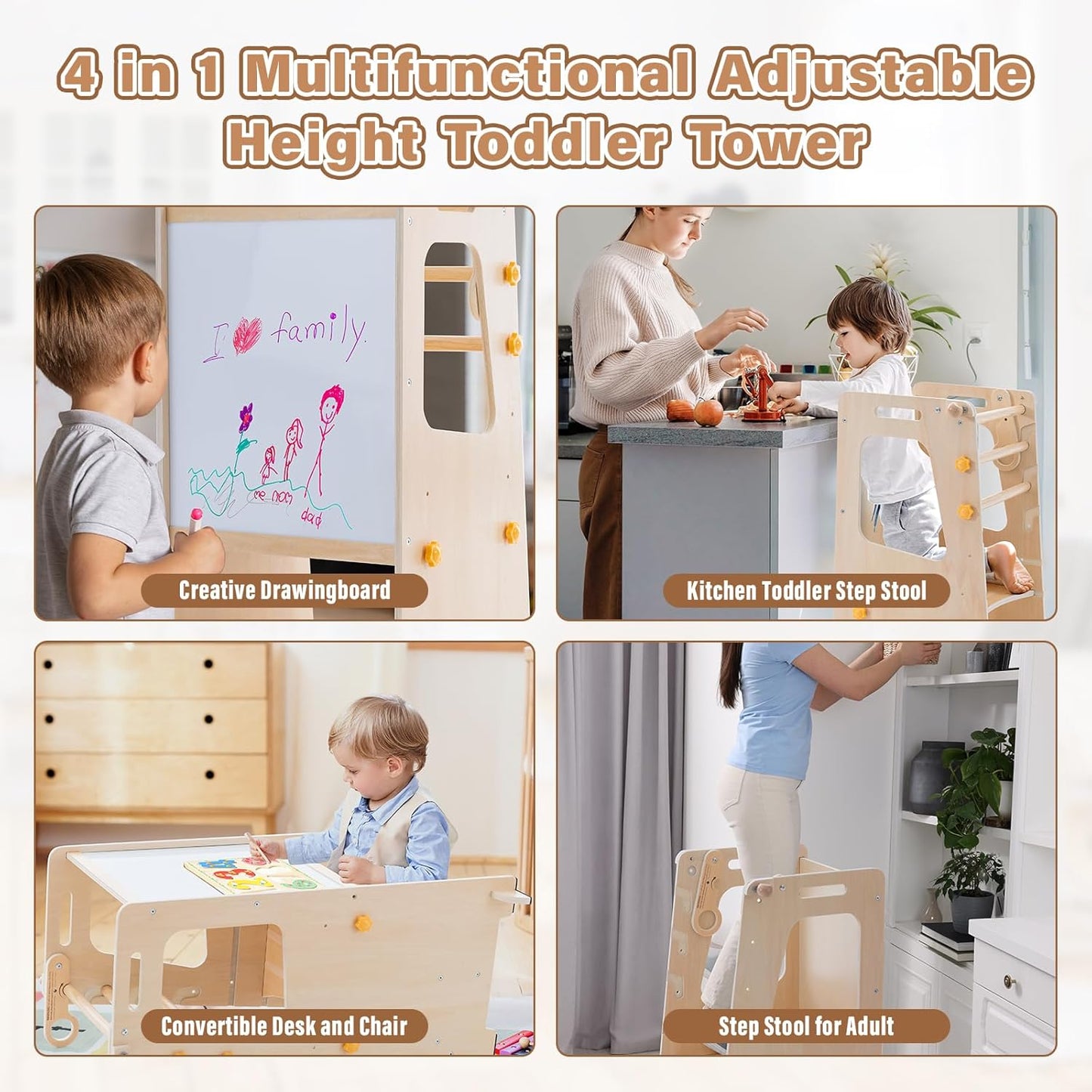 4 in 1 Toddler Kitchen Tower, Kids Kitchen Stool Helper, Standing Tower with Convertible Table and Chair, Toddler Step Stool with Adjustable-Height,Whiteboard and Safety Rail for Kitchen,Wood
