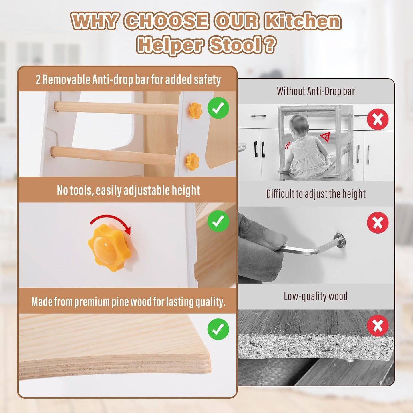 4 in 1 Toddler Kitchen Tower, Kids Kitchen Stool Helper, Standing Tower with Convertible Table and Chair, Toddler Step Stool with Adjustable-Height,Whiteboard and Safety Rail for Kitchen