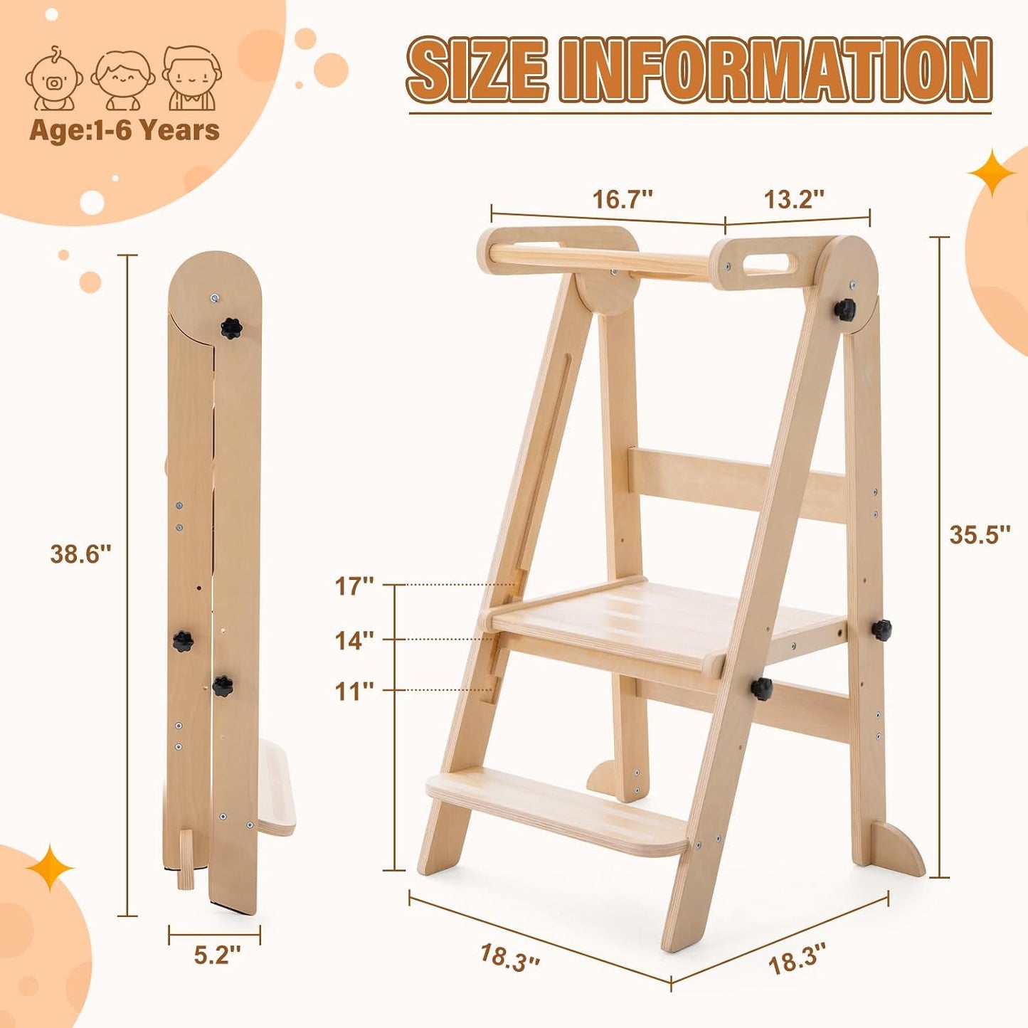Foldable Toddler Kitchen Tower with 3 Adjustable Heights – Montessori Step Stool for Kids 1.5-6 Years