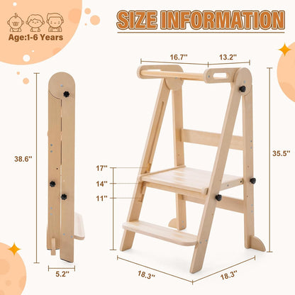 Foldable Toddler Kitchen Tower with 3 Adjustable Heights – Montessori Step Stool for Kids 1.5-6 Years