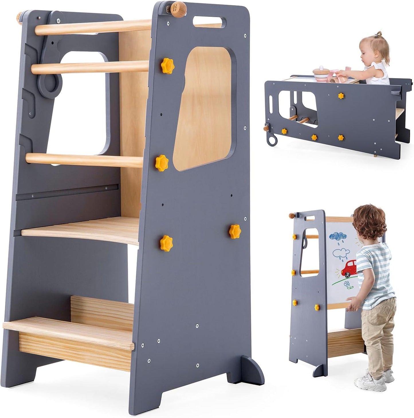 4 in 1 Toddler Kitchen Tower, Kids Kitchen Stool Helper, Standing Tower with Convertible Table and Chair, Toddler Step Stool with Adjustable-Height,Whiteboard and Safety Rail for Kitchen,Wood