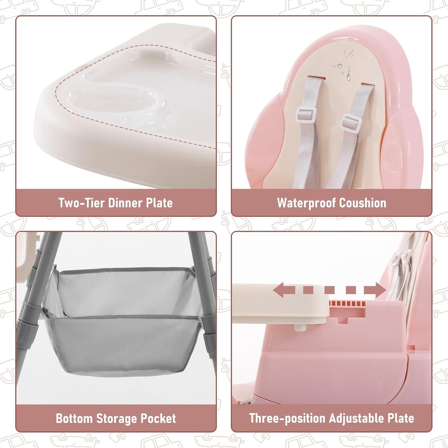 High Chairs for Babies and Toddlers, Portable 3 in 1 High Chair, Adjustable Convertible Compact Infant Baby Feeding Chair Booster with Detachable Double Tray Pink