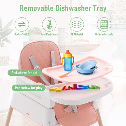 3 in 1 Baby High Chair, Portable High Chairs for Babies and Toddlers, Adjustable Convertible Infant Baby Feeding Chair Booster for Eating with Detachable Double Tray,Pink
