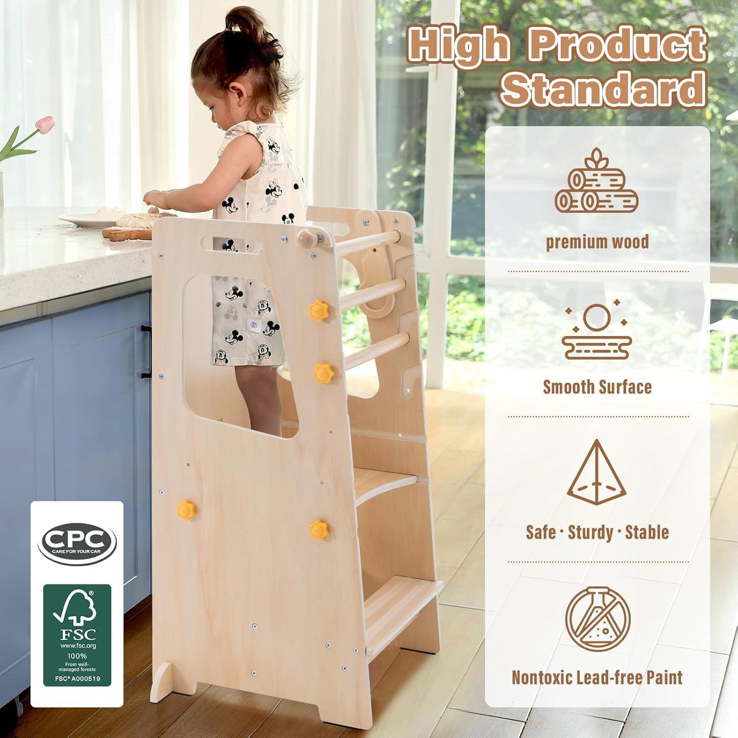 4 in 1 Toddler Kitchen Tower, Kids Kitchen Stool Helper, Standing Tower with Convertible Table and Chair, Toddler Step Stool with Adjustable-Height,Whiteboard and Safety Rail for Kitchen,Wood