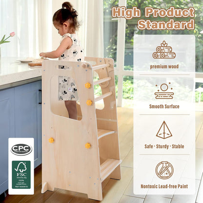 4 in 1 Toddler Kitchen Tower, Kids Kitchen Stool Helper, Standing Tower with Convertible Table and Chair, Toddler Step Stool with Adjustable-Height,Whiteboard and Safety Rail for Kitchen,Wood