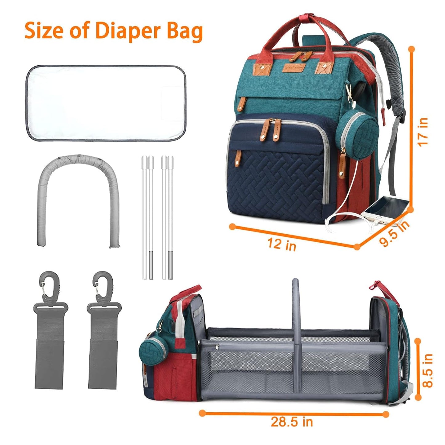 Diaper Bag Backpack with Change Station ，Waterproof Diaper Bag Backpack with USB Charging Port