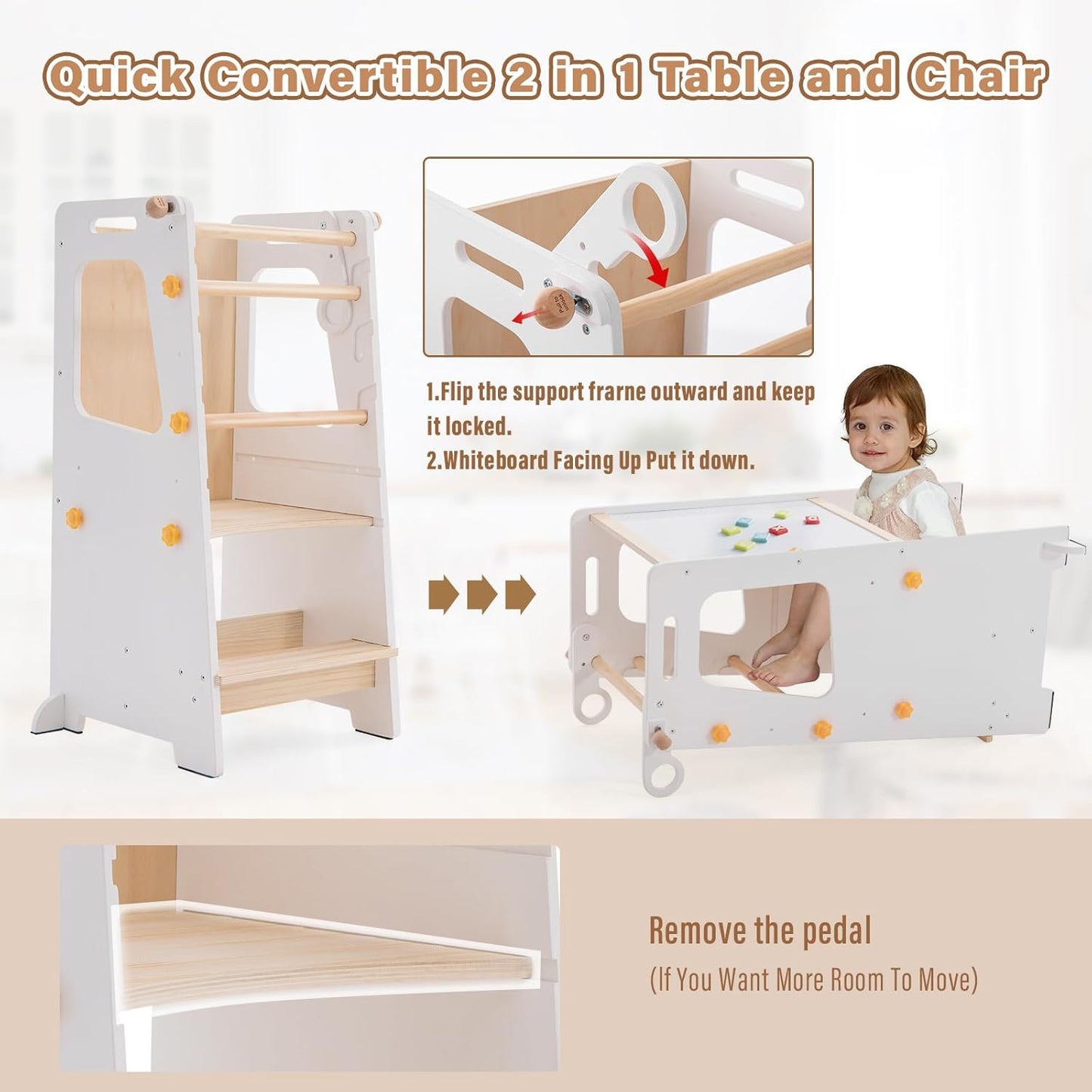 4 in 1 Toddler Kitchen Tower, Kids Kitchen Stool Helper, Standing Tower with Convertible Table and Chair, Toddler Step Stool with Adjustable-Height,Whiteboard and Safety Rail for Kitchen