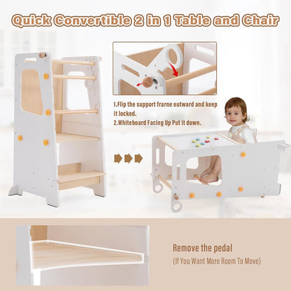 4 in 1 Toddler Kitchen Tower, Kids Kitchen Stool Helper, Standing Tower with Convertible Table and Chair, Toddler Step Stool with Adjustable-Height,Whiteboard and Safety Rail for Kitchen