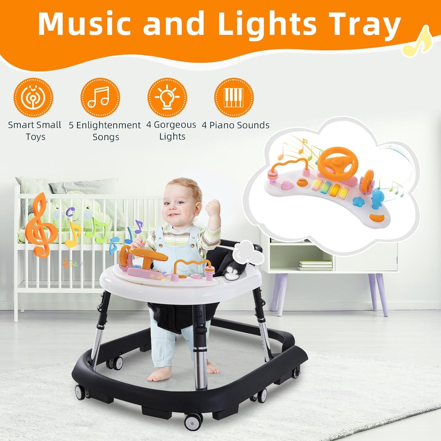 Baby Walker Foldable with Music and Lights,Portable Baby Walker with Wheels,9 Adjustable Heights,Removable Tray&Footrest, Speed Adjustable