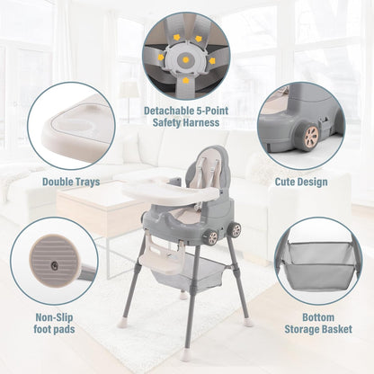 High Chairs for Babies and Toddlers, Portable 3 in 1 High Chair, Adjustable Convertible Compact Infant Baby Feeding Chair Booster with Detachable Double Tray