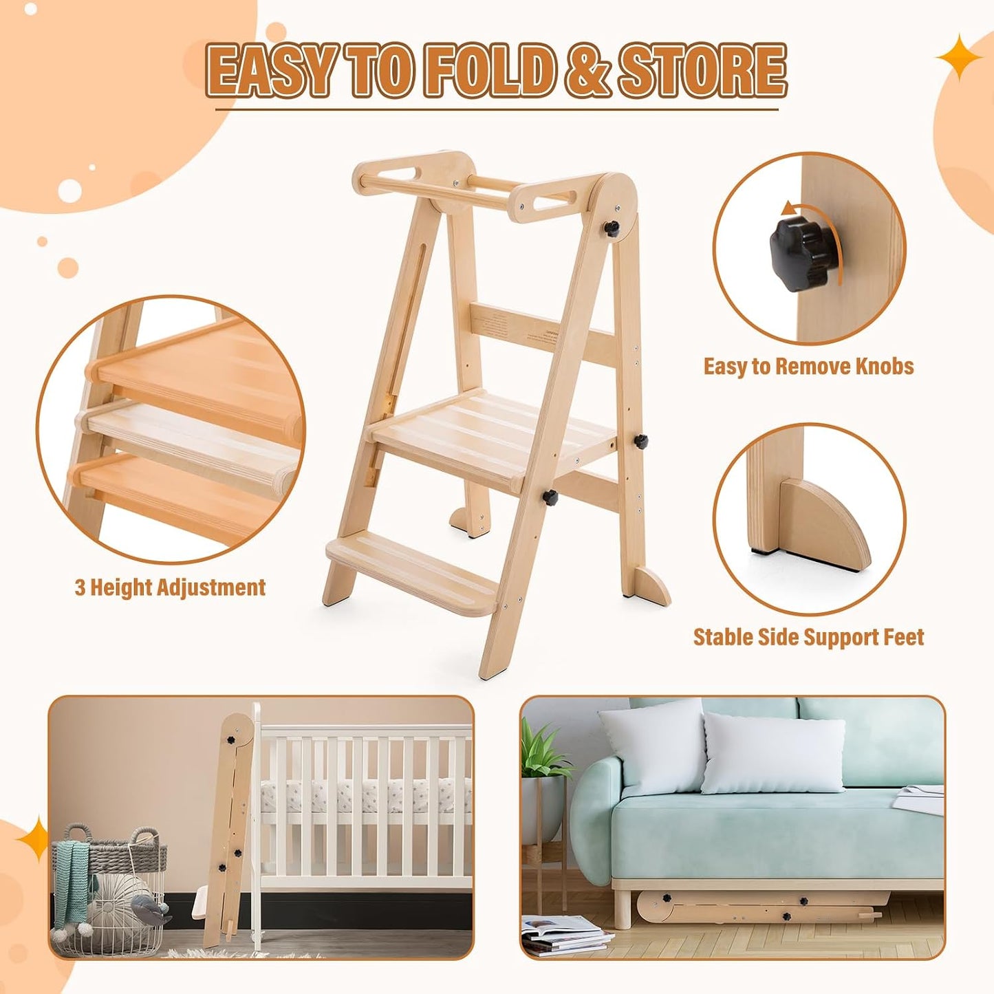Foldable Toddler Kitchen Tower with 3 Adjustable Heights – Montessori Step Stool for Kids 1.5-6 Years