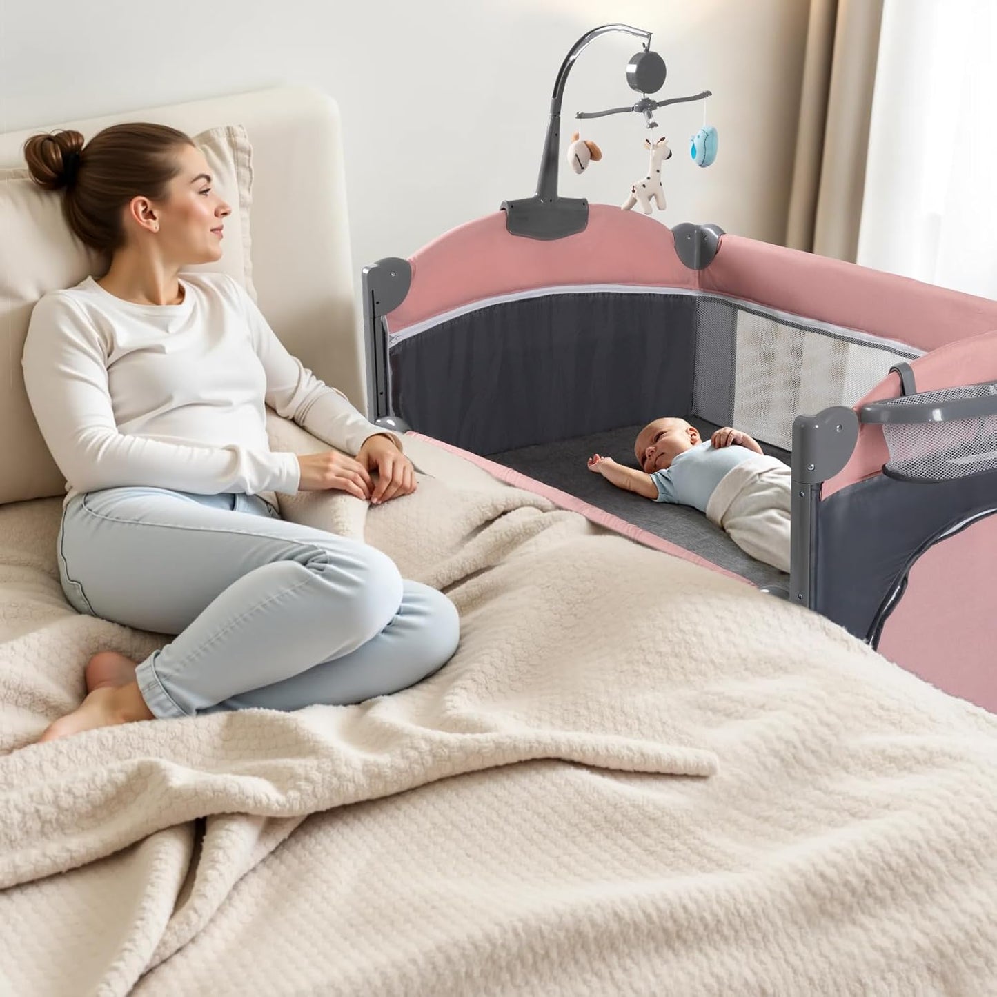 5 in 1 Infant Newborn Baby Crib Baby Bassinet with Changing Table，Pink