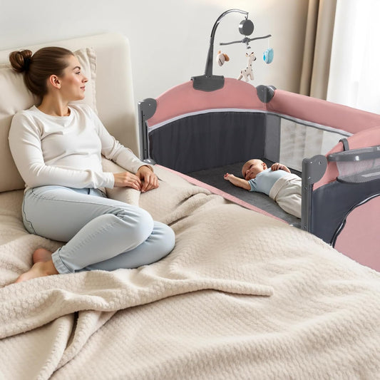 5 in 1 Infant Newborn Baby Crib Baby Bassinet with Changing Table，Pink