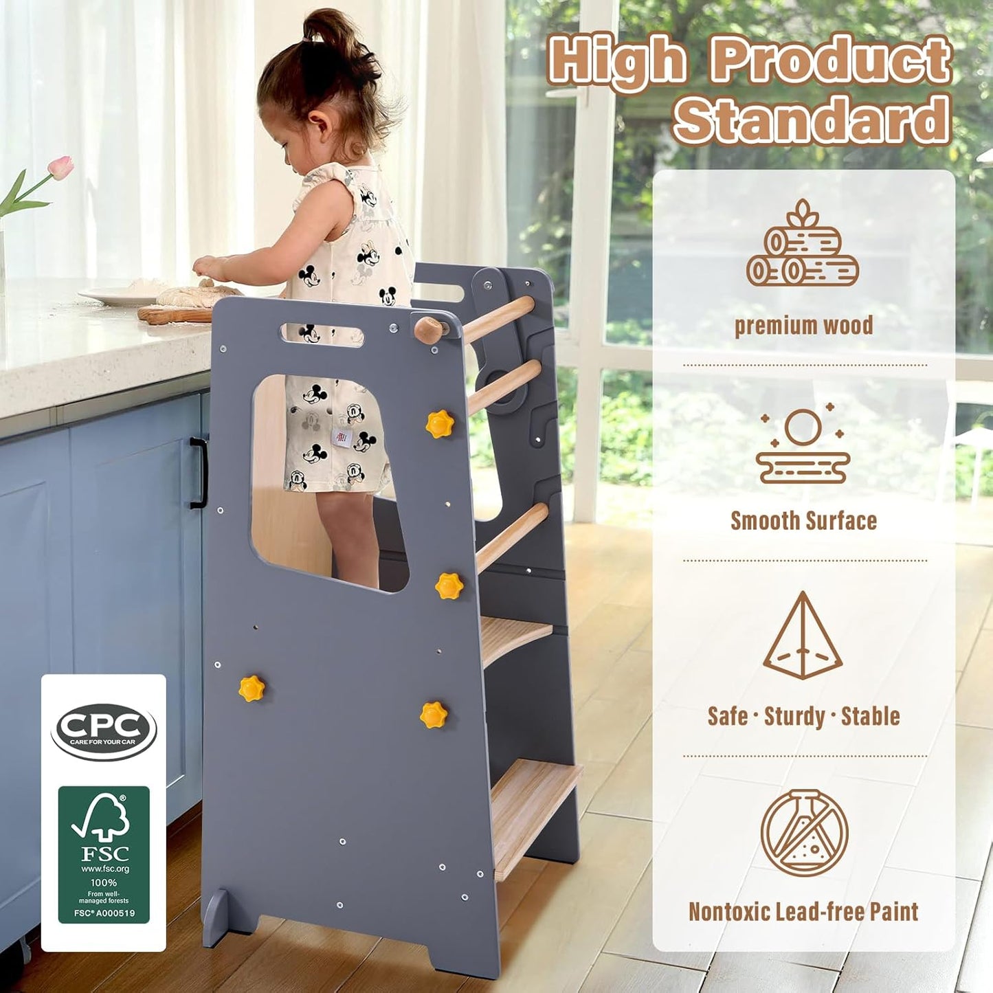 4 in 1 Toddler Kitchen Tower, Kids Kitchen Stool Helper, Standing Tower with Convertible Table and Chair, Toddler Step Stool with Adjustable-Height,Whiteboard and Safety Rail for Kitchen ,Gray