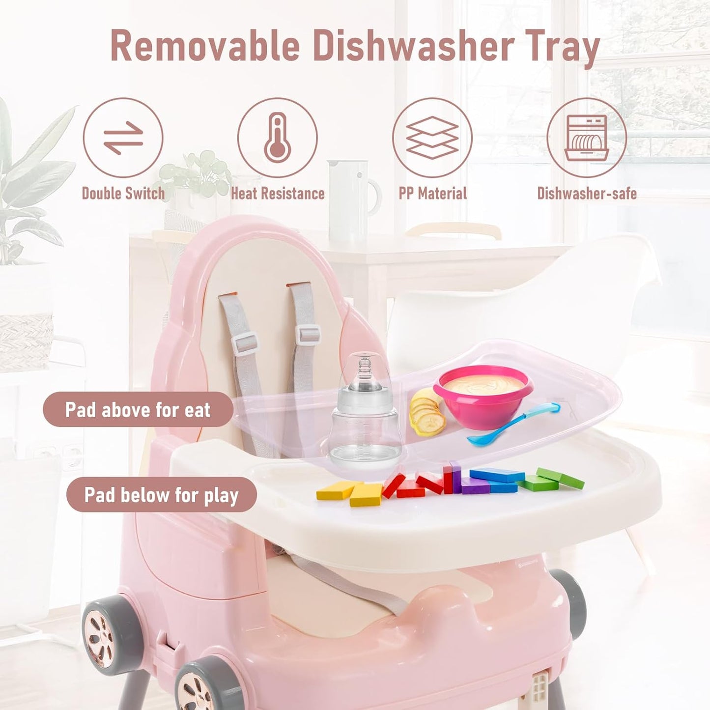 High Chairs for Babies and Toddlers, Portable 3 in 1 High Chair, Adjustable Convertible Compact Infant Baby Feeding Chair Booster with Detachable Double Tray Pink