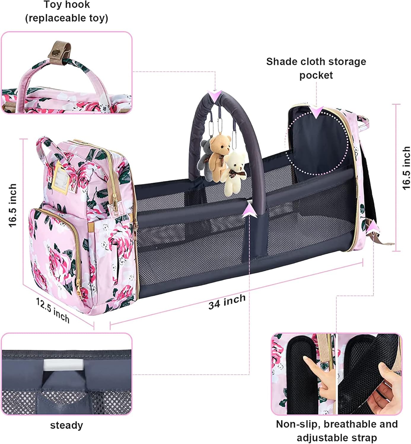 Diaper Bag Backpack with Changing Station, Foldable for Bady Toddler, 3 in 1 Large Capacity Newborn Essentials Organizer with Stroller Hook