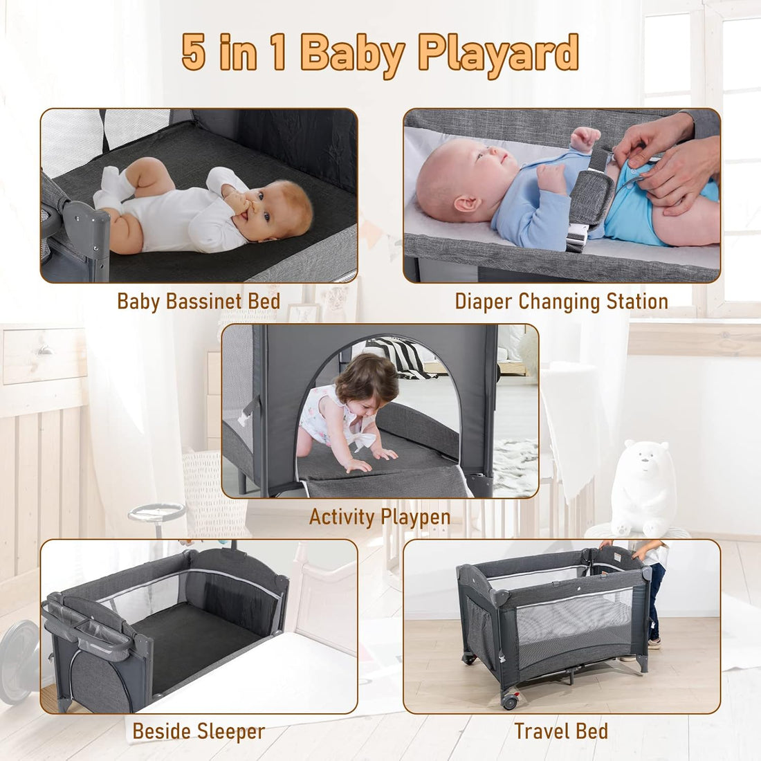 Baby Bassinet Beside Sleeper, Pack and Play with Bassinet and Changing Table Portable Travel Baby Playpen with Toys & Music Box, Mattress for Boy Girl Infant Newborn