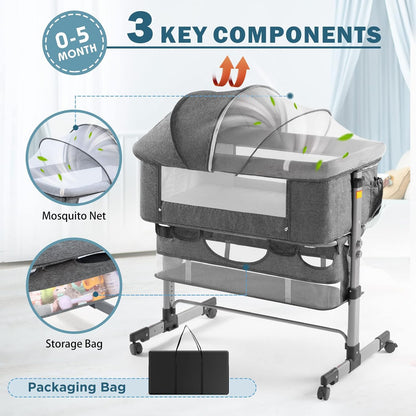 Bedside Sleeper Bedside Crib, Baby Bassinet 3 in 1 Travel Baby Crib Baby Bed with Breathable Net, Adjustable Portable Bed for Infant/Baby