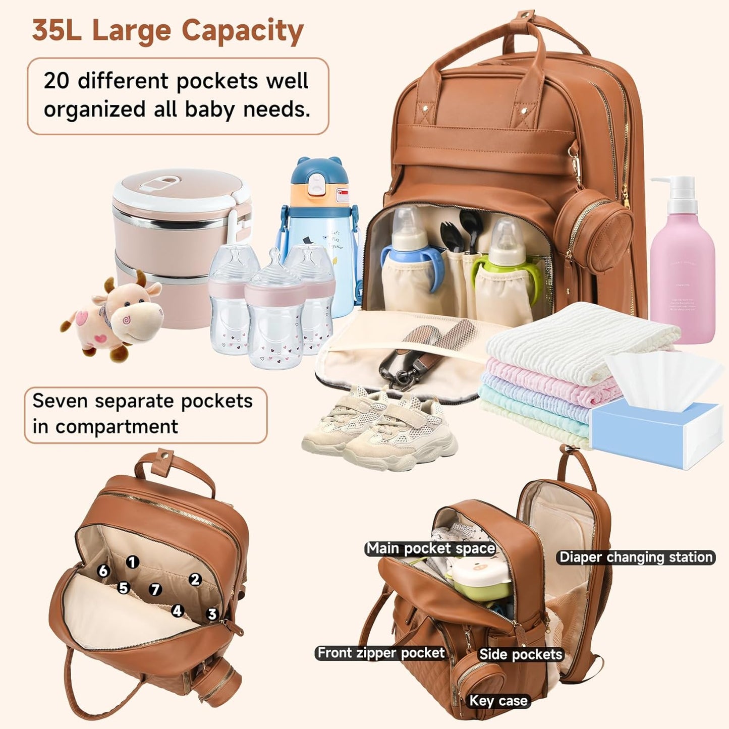 Leather Baby Diaper Bag with Changing Station，Newborn Essentials Must Haves