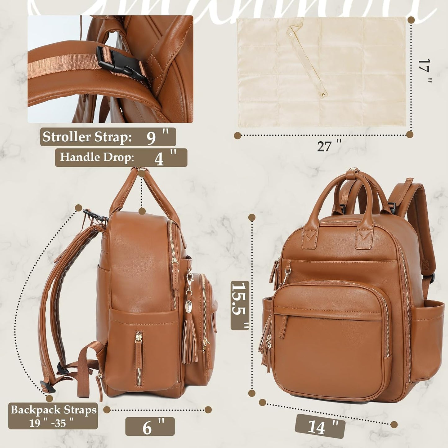 Diaper Bag Backpack, Large Travel Leather Diaper Backpack