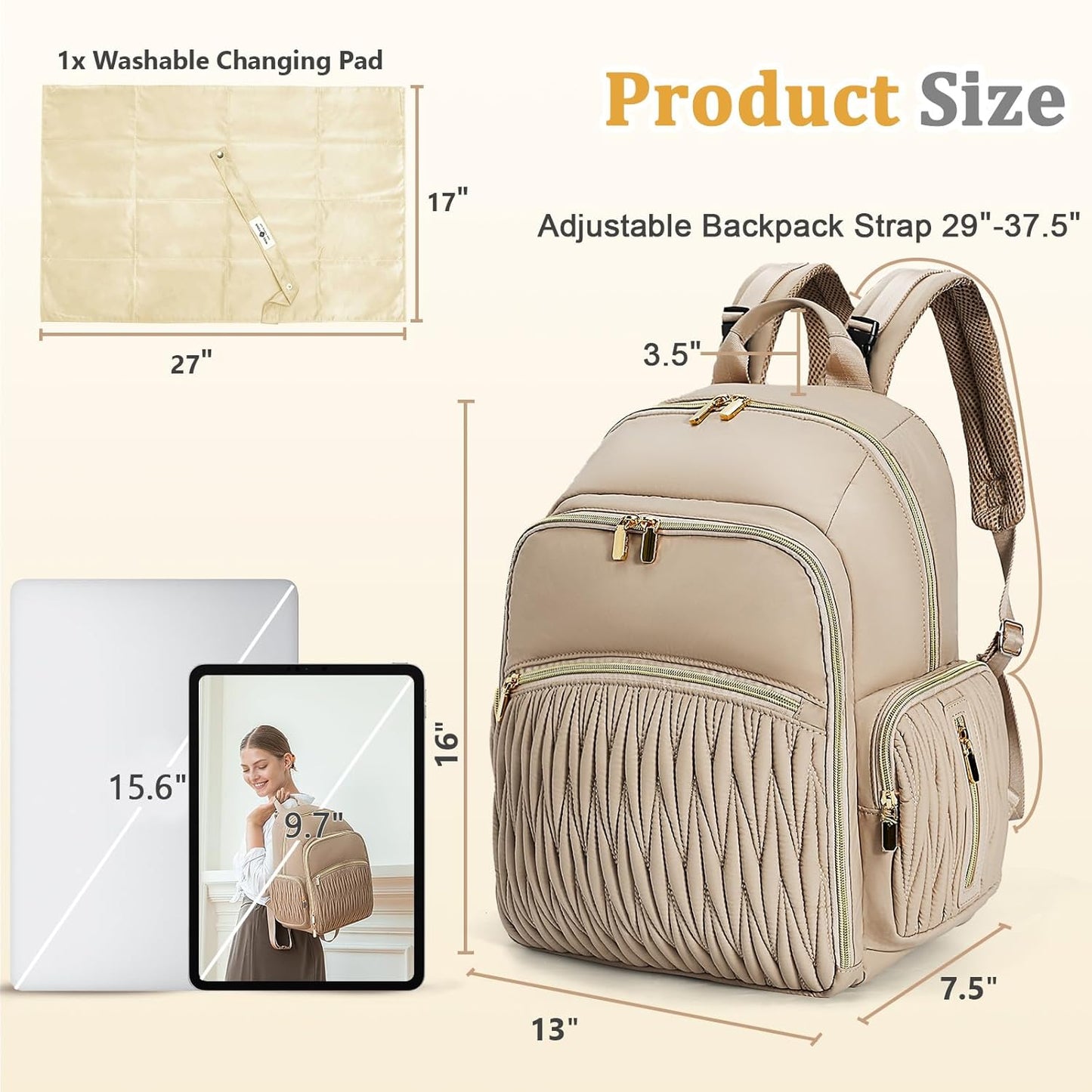 Quilted Diaper Bag Backpack with Changing Pad ，Mommy Backpack for Baby Shower Gifts