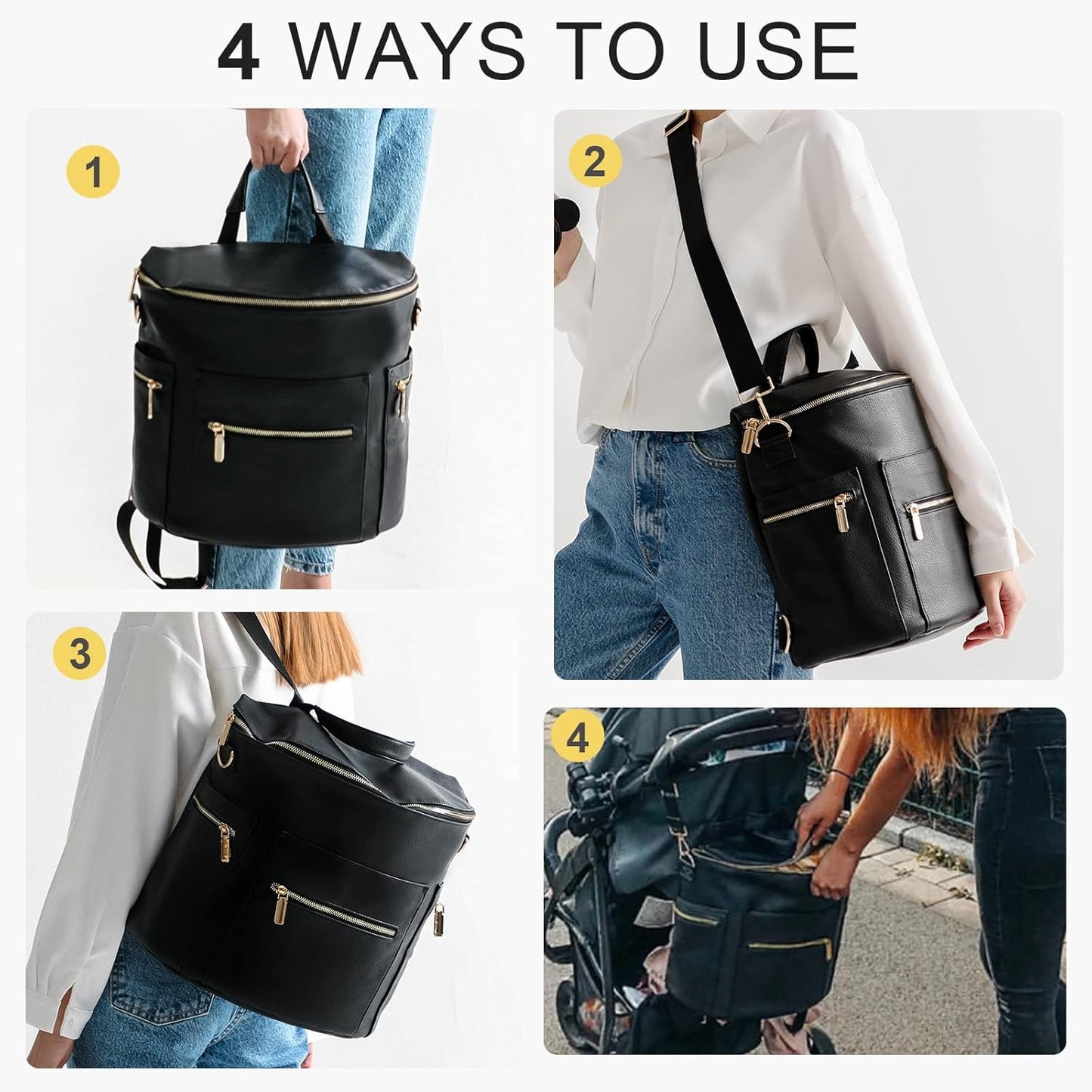 Leather Diaper Bag Backpack  with Diaper Changing Pad, Stroller Straps & 2 Insulated Pockets