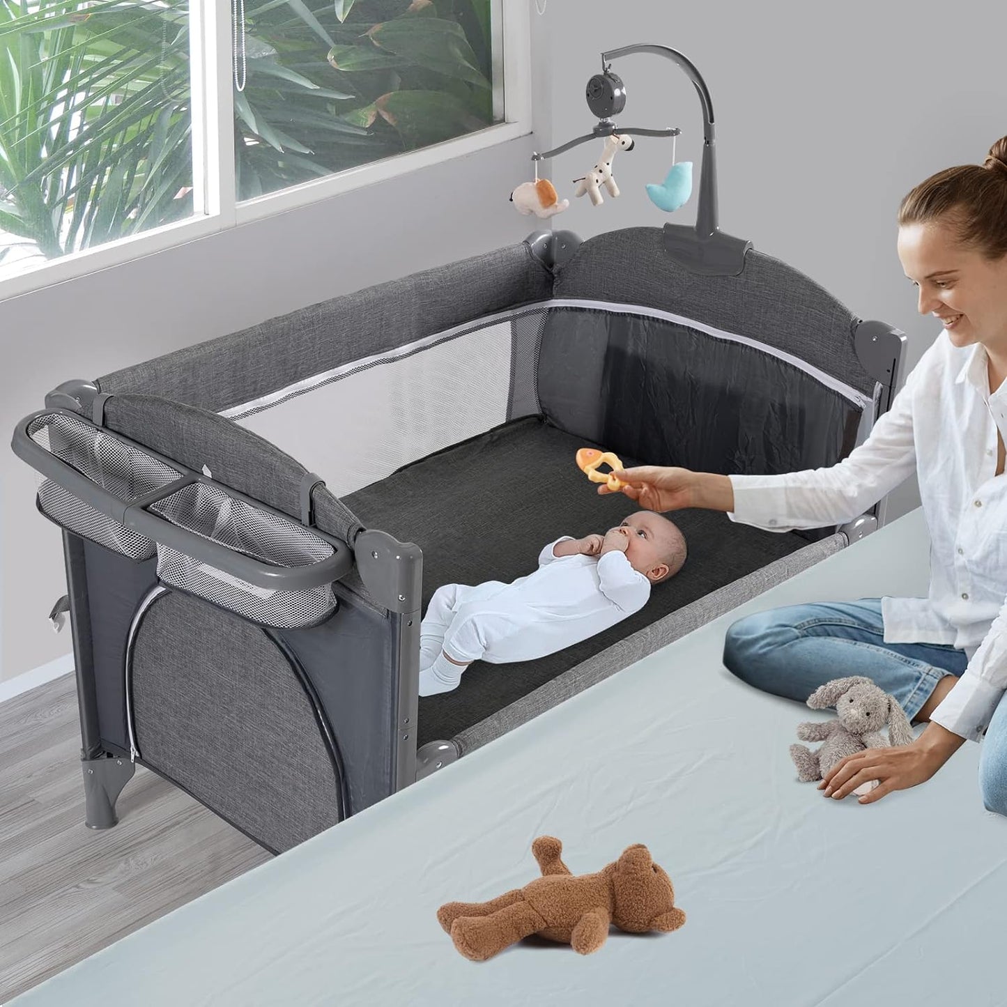 5 in 1 Baby Crib, Bedside Cribs, Pack and Play with Bassinet and Changing Table