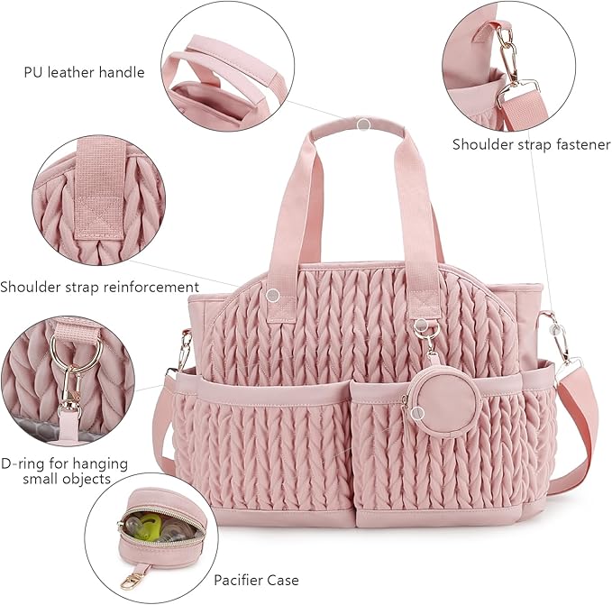 Diaper Tote Quilted Mommy Bag Function Maternity Baby Bag Diaper Changing Messenger with Shoulder Strap Wet Pocket
