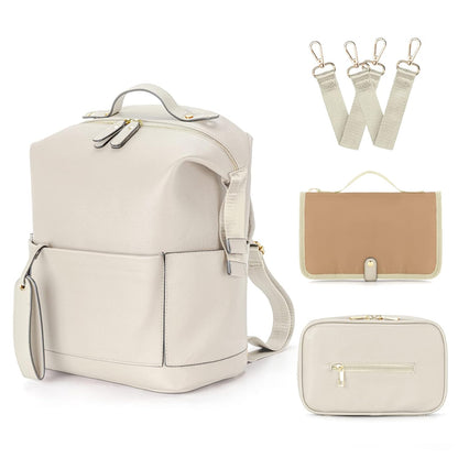 Diaper Bag Backpack, Waterproof Leather Diaper Bags With Changing Station for Baby, Fashion Nappy Travel Backpack for Mom Dad