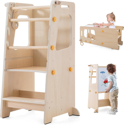 4 in 1 Toddler Kitchen Tower, Kids Kitchen Stool Helper, Standing Tower with Convertible Table and Chair, Toddler Step Stool with Adjustable-Height,Whiteboard and Safety Rail for Kitchen