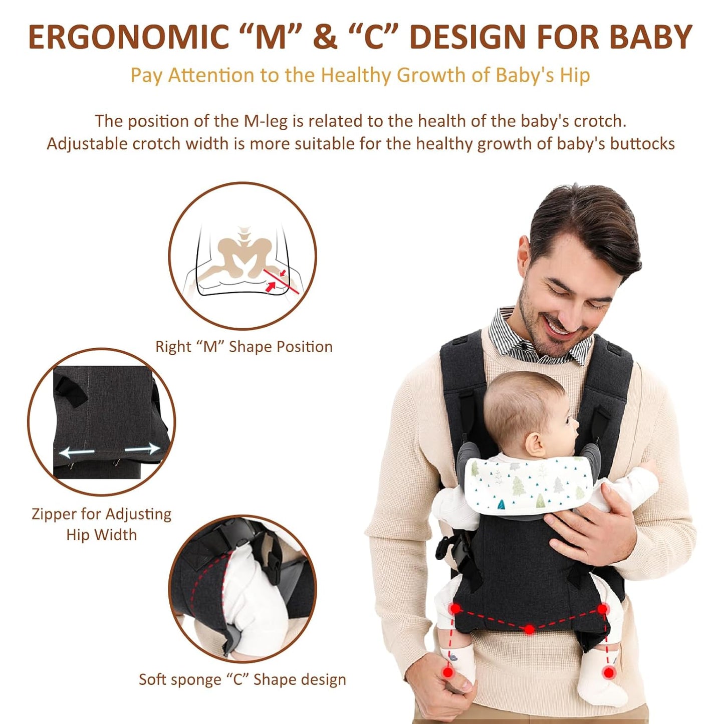 4-in-1 Baby Carrier, Hands Free Adjustable Ergonomic Baby Carrier Newborn to Toddler 6-33lbs