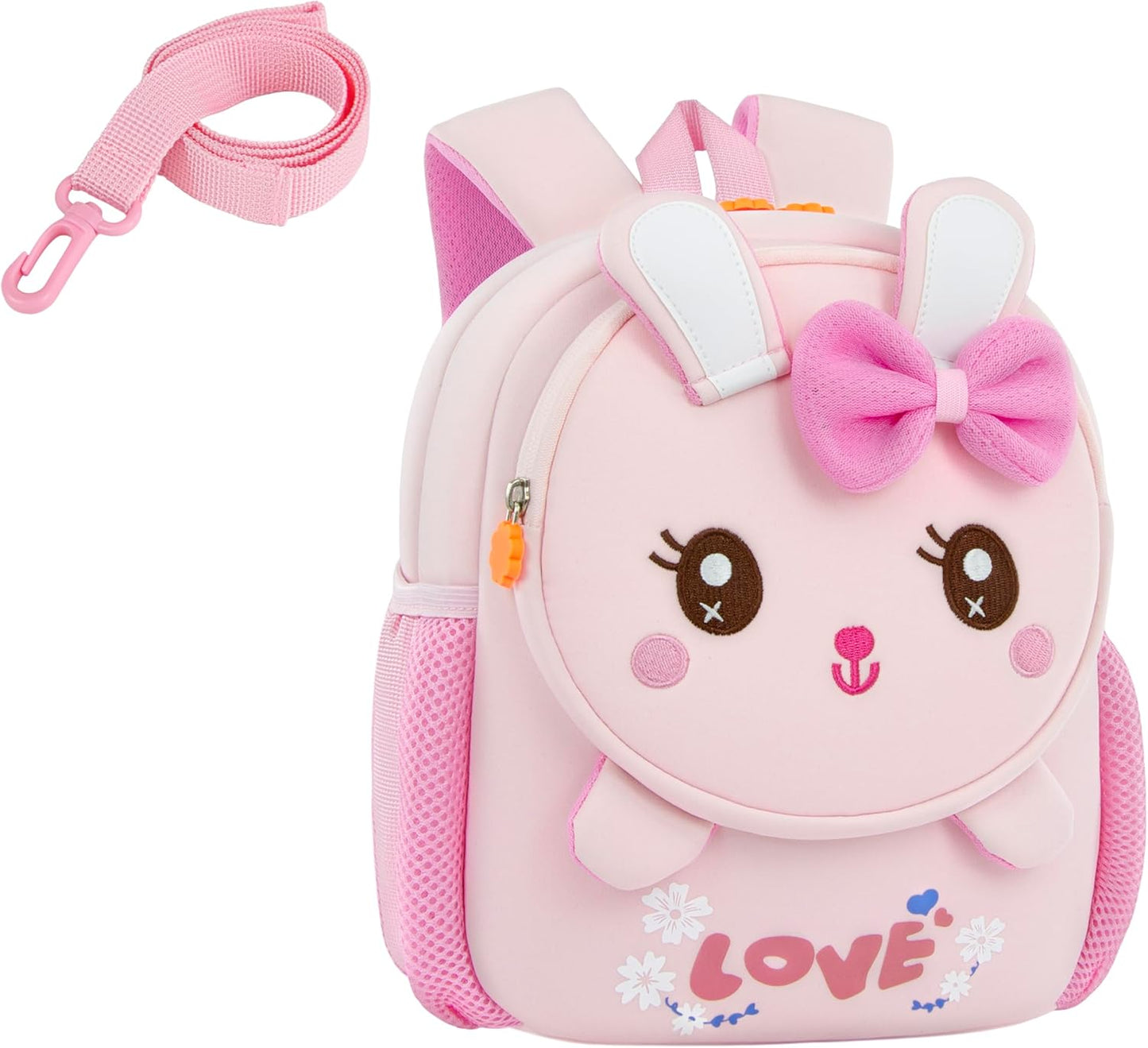 Toddler Backpack Cute Bunny Backpack with Leash and Chest Buckle Mini Kids 3D Cartoon Travel Bag for Girls 2-4