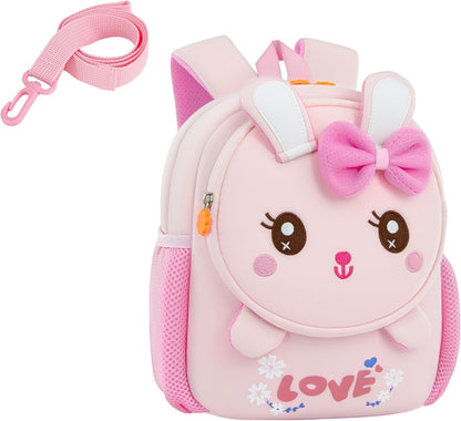Toddler Backpack Cute Bunny Backpack with Leash and Chest Buckle Mini Kids 3D Cartoon Travel Bag for Girls 2-4