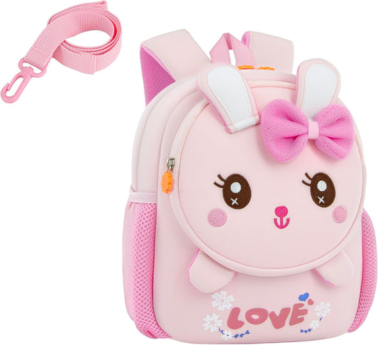Toddler Backpack Cute Bunny Backpack with Leash and Chest Buckle Mini Kids 3D Cartoon Travel Bag for Girls 2-4