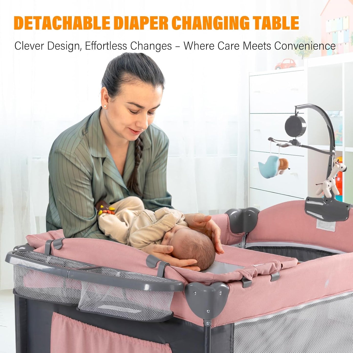 5 in 1 Infant Newborn Baby Crib Baby Bassinet with Changing Table，Pink