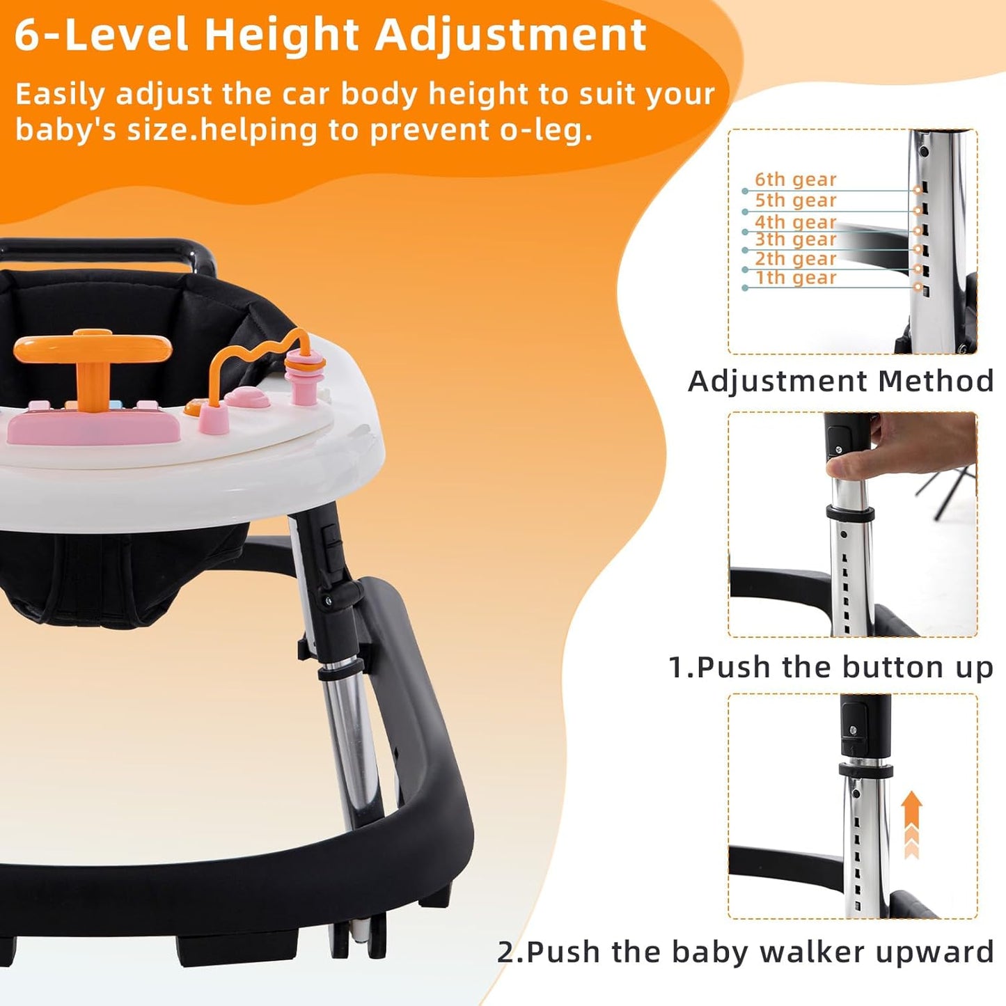 Baby Walker Foldable with Music and Lights,Portable Baby Walker with Wheels,9 Adjustable Heights,Removable Tray&Footrest, Speed Adjustable