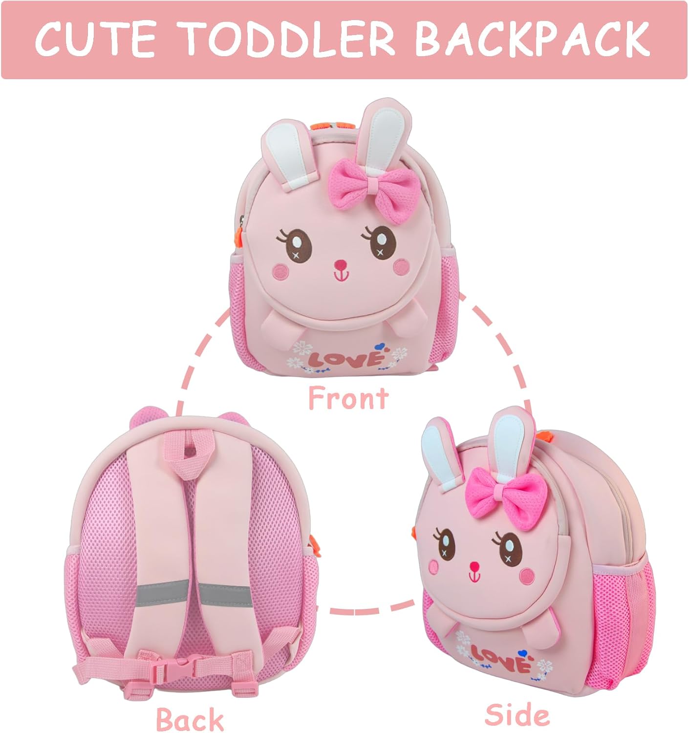 Toddler Backpack Cute Bunny Backpack with Leash and Chest Buckle Mini Kids 3D Cartoon Travel Bag for Girls 2-4
