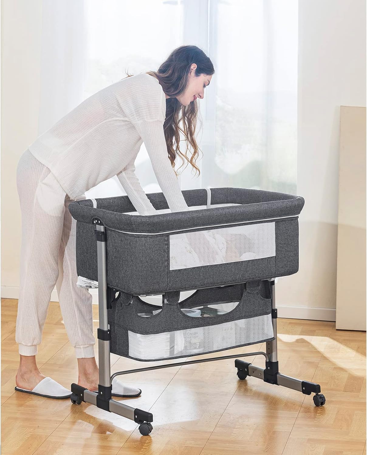 Bedside Sleeper Bedside Crib, Baby Bassinet 3 in 1 Travel Baby Crib Baby Bed with Breathable Net, Adjustable Portable Bed for Infant/Baby