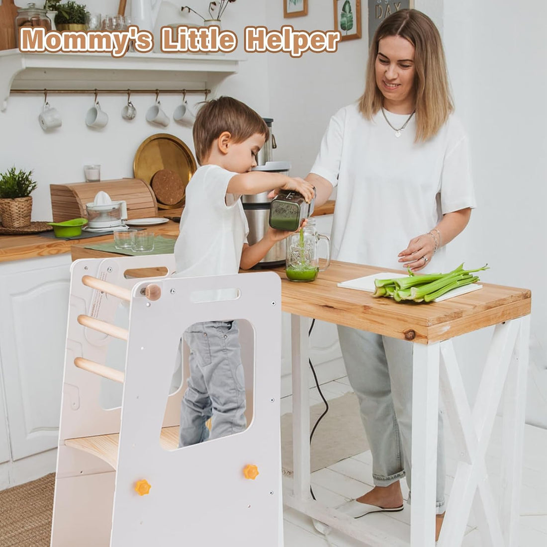 4 in 1 Toddler Kitchen Tower, Kids Kitchen Stool Helper, Standing Tower with Convertible Table and Chair, Toddler Step Stool with Adjustable-Height,Whiteboard and Safety Rail for Kitchen