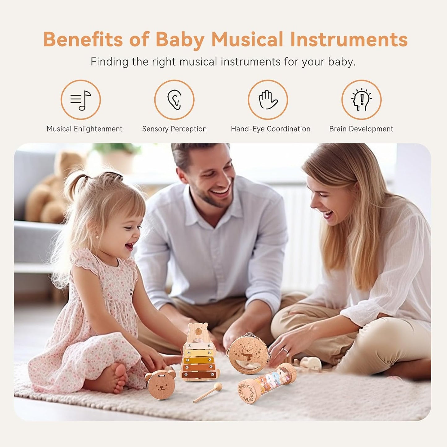 Baby Musical Instruments - Your Child's First Musical Toys with Castanet Rainmaker Tambourine Xylophone - Baby Friendly Design Wooden Instruments Set