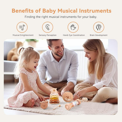 Baby Musical Instruments - Your Child's First Musical Toys with Castanet Rainmaker Tambourine Xylophone - Baby Friendly Design Wooden Instruments Set