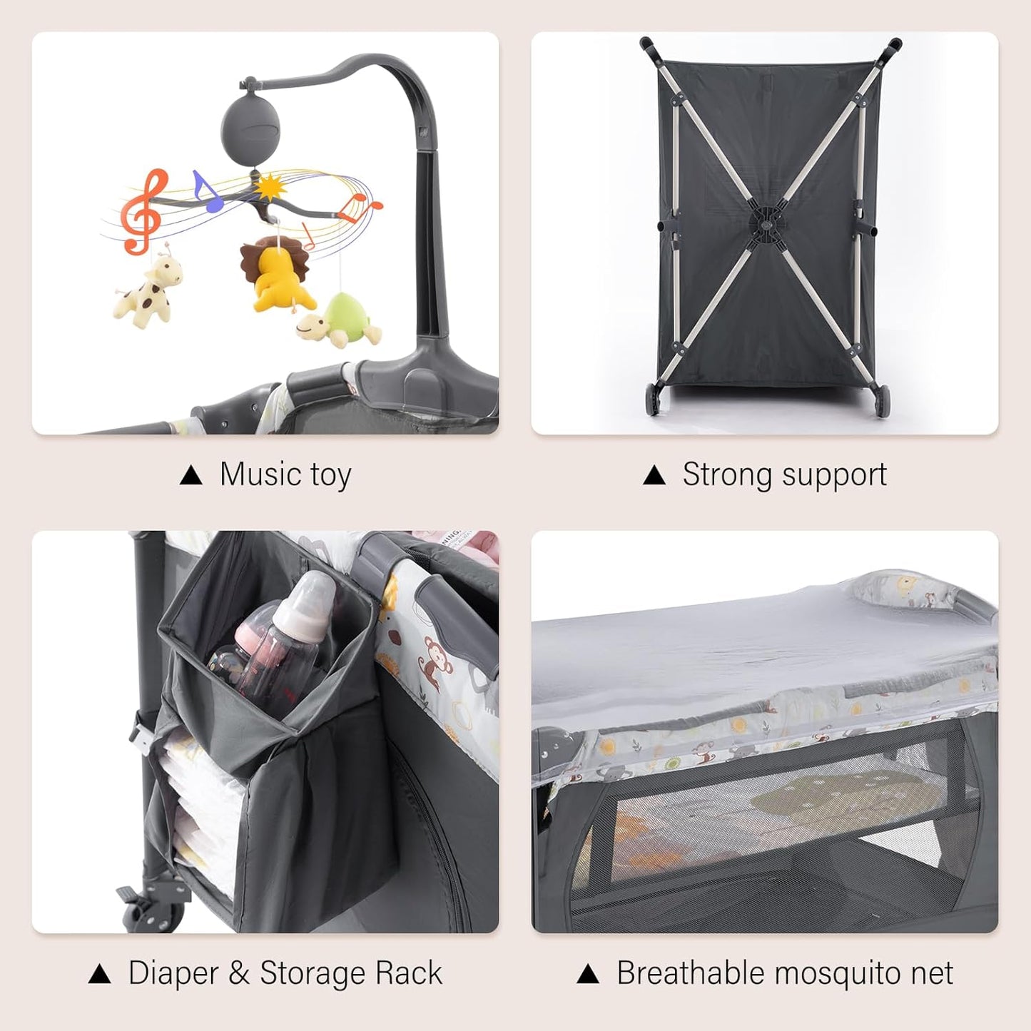 5 in 1 Infant Newborn Baby Crib Baby Bassinet with Changing Table，Gray