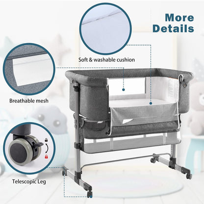 Bedside Sleeper Bedside Crib, Baby Bassinet 3 in 1 Travel Baby Crib Baby Bed with Breathable Net, Adjustable Portable Bed for Infant/Baby