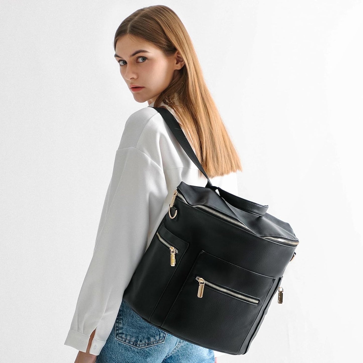 Leather Diaper Bag Backpack  with Diaper Changing Pad, Stroller Straps & 2 Insulated Pockets