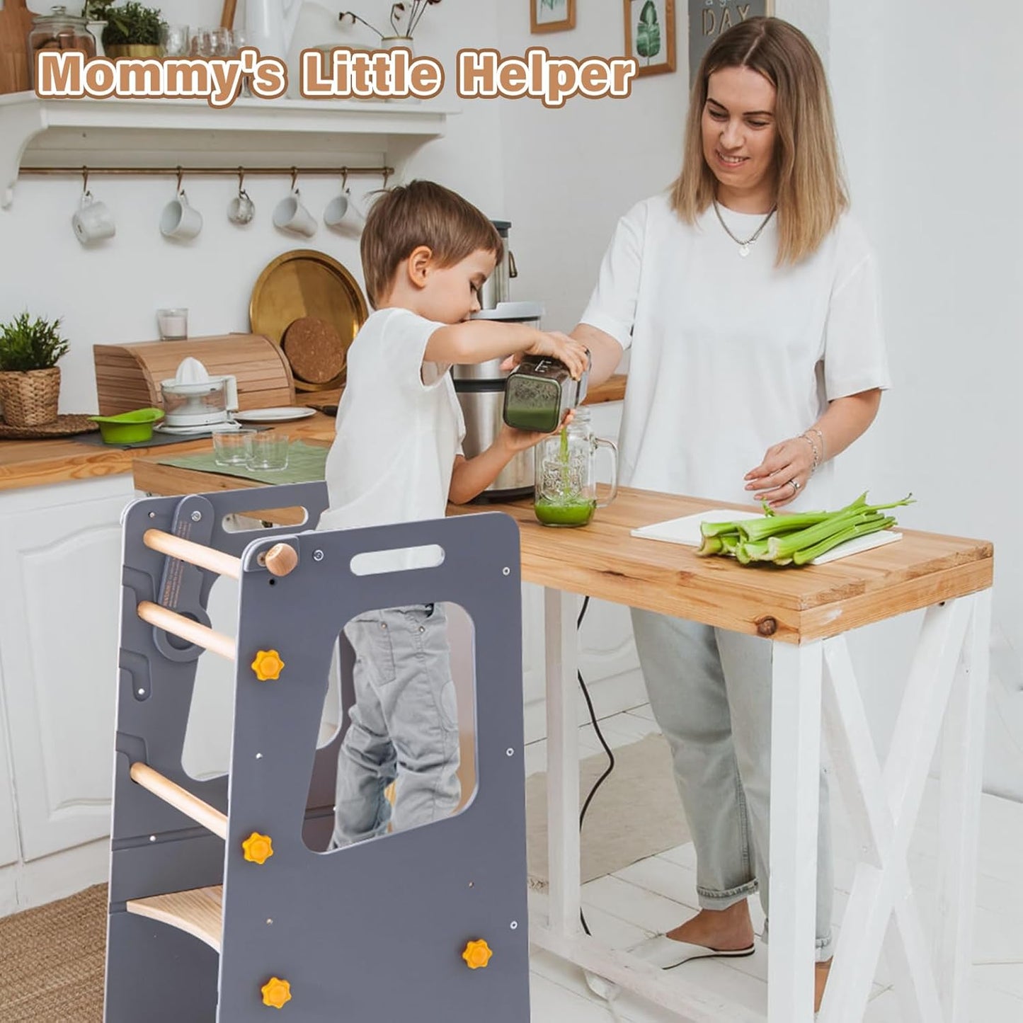 4 in 1 Toddler Kitchen Tower, Kids Kitchen Stool Helper, Standing Tower with Convertible Table and Chair, Toddler Step Stool with Adjustable-Height,Whiteboard and Safety Rail for Kitchen ,Gray