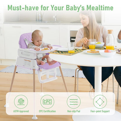 3 in 1 Baby High Chair, Portable High Chairs for Babies and Toddlers, Adjustable Convertible Infant Baby Feeding Chair Booster for Eating with Detachable Double Tray,Purple