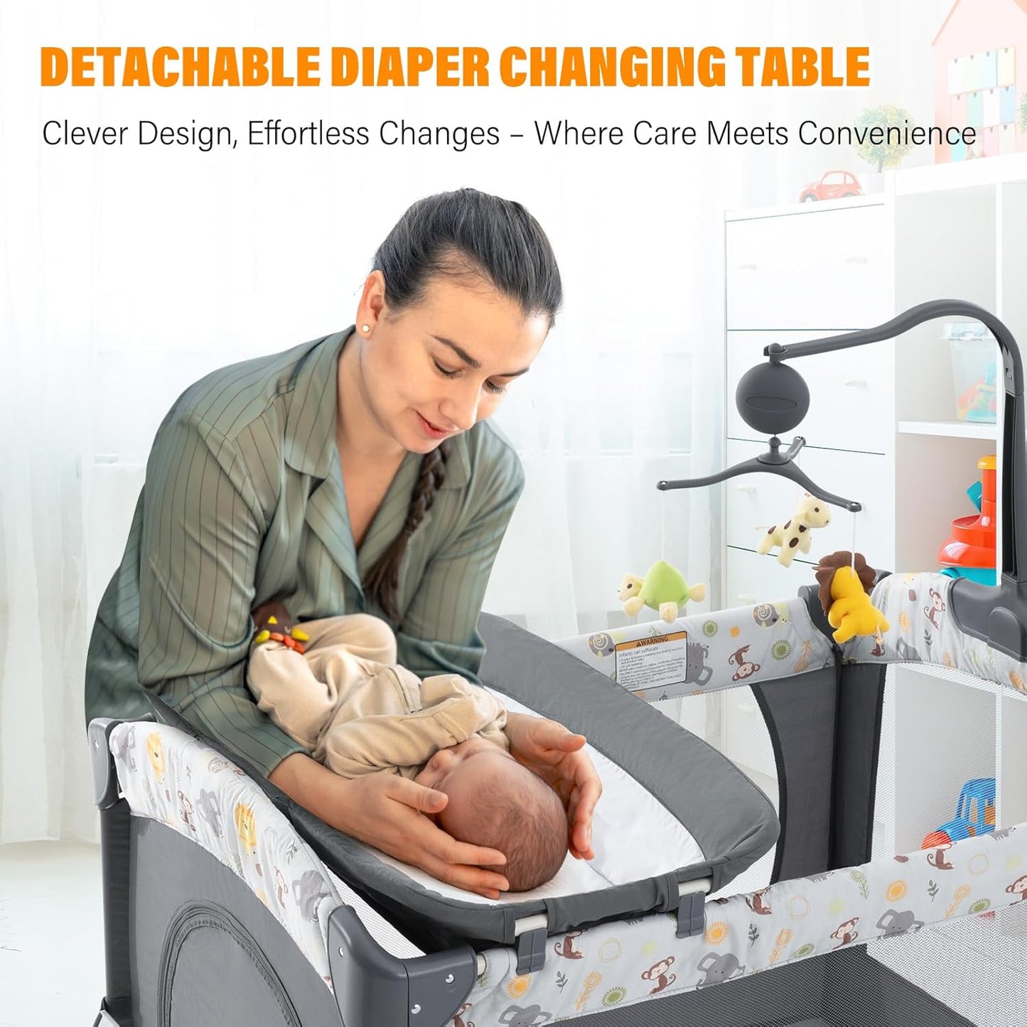 5 in 1 Infant Newborn Baby Crib Baby Bassinet with Changing Table，Gray