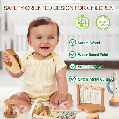 Montessori Wooden Musical Instruments Set with Xylophone, Sensory Learning Toys for Toddlers 18+ Months, Educational Gift for Kids
