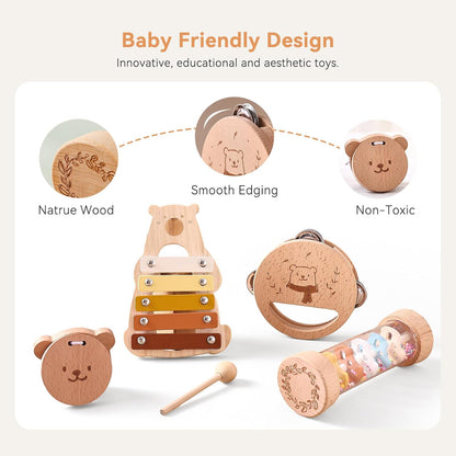Baby Musical Instruments - Your Child's First Musical Toys with Castanet Rainmaker Tambourine Xylophone - Baby Friendly Design Wooden Instruments Set
