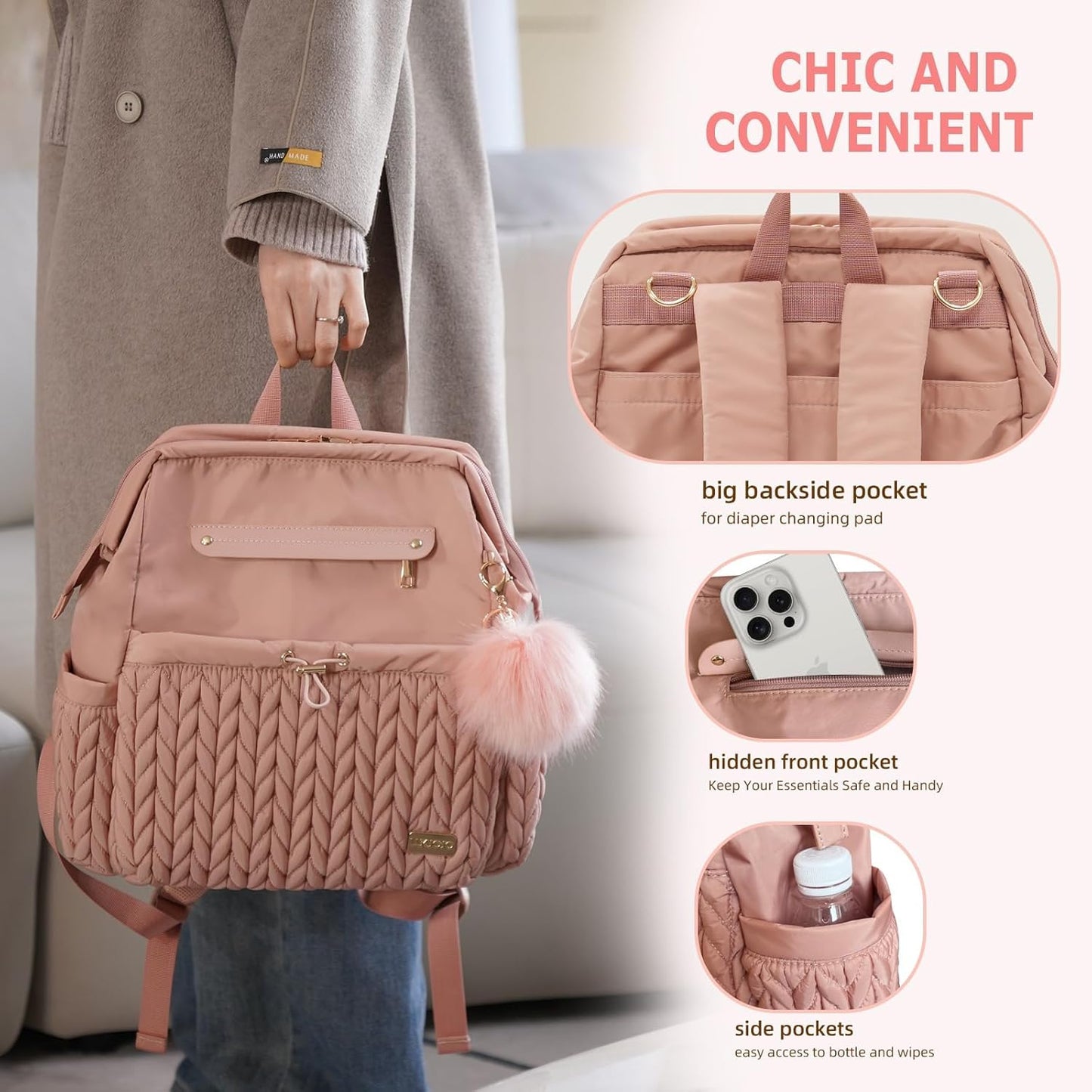 Lightweight Diaper Bag Backpack with Changing Pad – Large Opening Travel Nursery Bag for Mom, Stroller Clips & Faux Fur Pendant